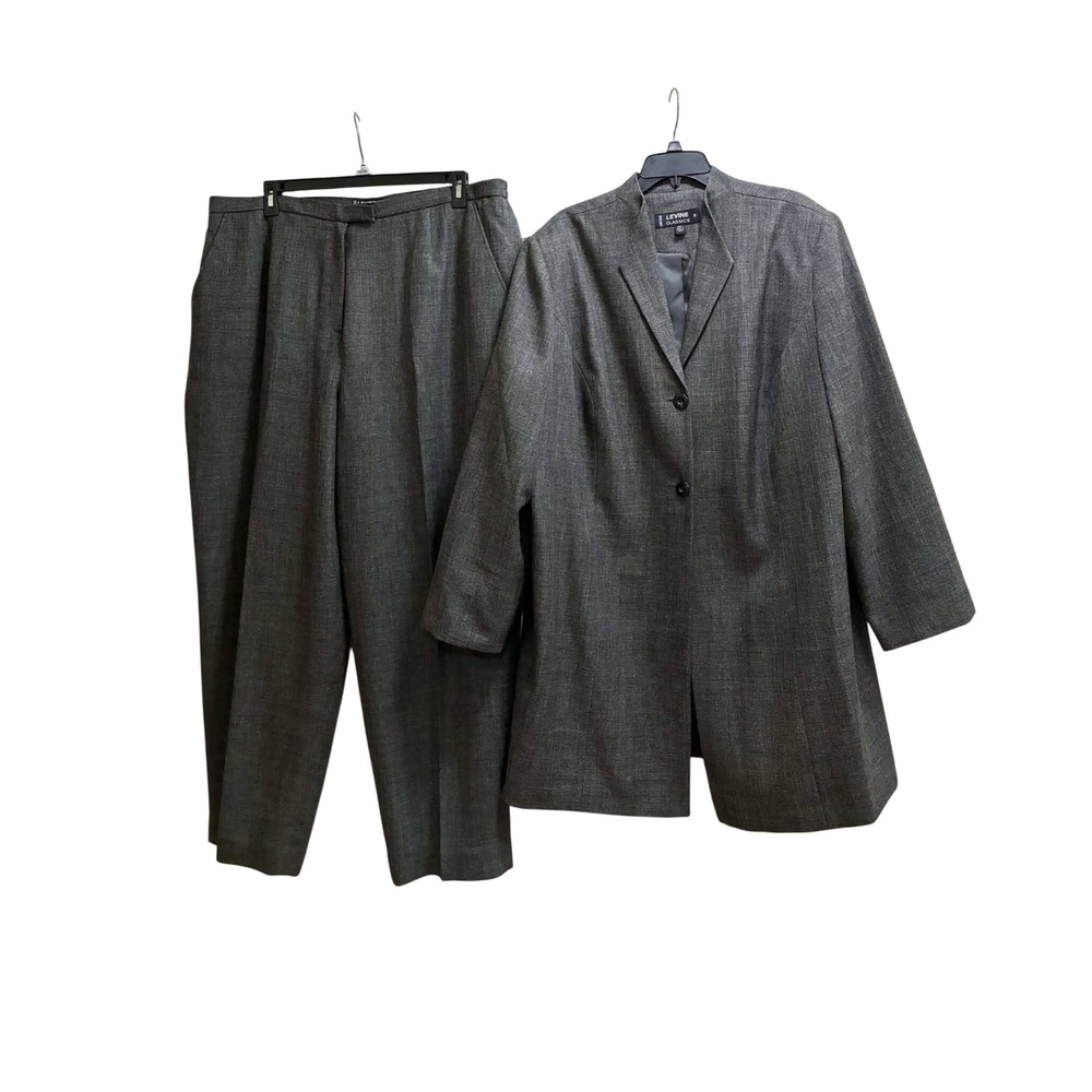 Levine Classics Pant Suit Womens 26W Gray Herringbone 2pc Blazer Pants Plus Size